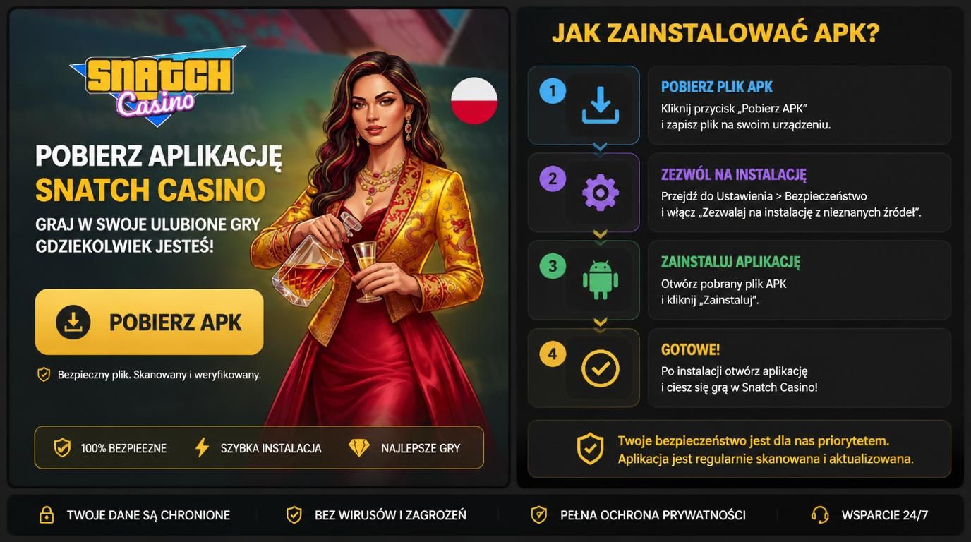 Ekran instalacji APK Snatch Casino pokazujący przycisk „Pobierz APK”