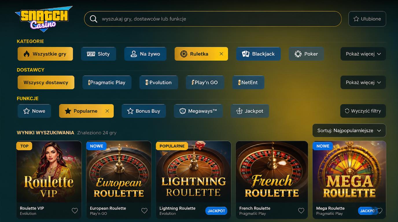 Ekran wyszukiwania i filtrów w aplikacji Snatch Casino