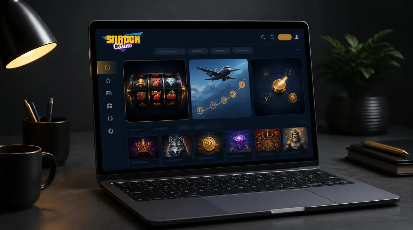 Laptop z katalogiem gier kasynowych w eleganckim interfejsie na ciemnym tle