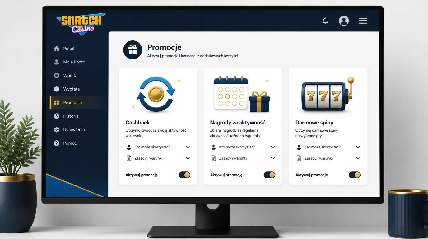 Panel promocji kasynowych z kartami cashbacku, nagród tygodniowych i darmowych spinów