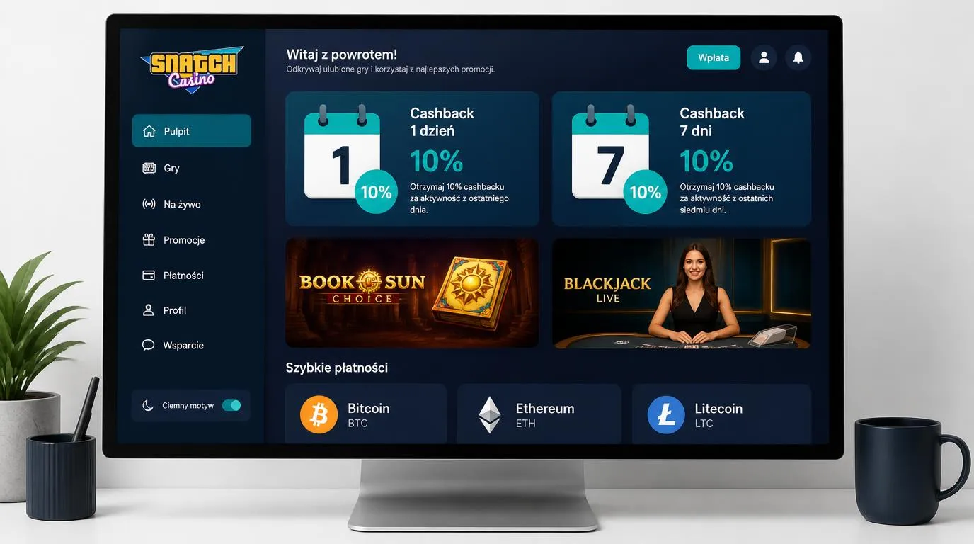 Panel kasyna z kartami cashbacku 10%, automatami, stołem na żywo i symbolami trzech kryptowalut
